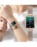 Dropshipping  Women Watch Bracelet Set Green Dial  Ladies Watches Simple Rose Gold Mesh Female Quartz Clock