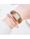 Watch Women  Casual Leather Watches Simple Ladies' Square Dial Quartz Clock Dress Wristwatches Bracelet Set reloj mujer