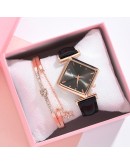 2PCS Set Watches For Women  Quartz Watch Women's Dress Leather Watches Ladies Bracelet Black Clock Gift Relogios Feminino