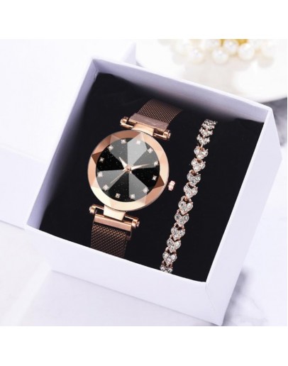 2pcs Watch Bracelet Set  Women Watches Starry Sky Magnet Watch Buckle  Rhinestone Bracelet Wristwatch Dress Clock