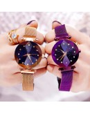 2pcs Watch Bracelet Set  Women Watches Starry Sky Magnet Watch Buckle  Rhinestone Bracelet Wristwatch Dress Clock