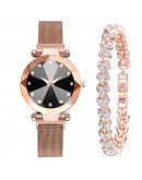 2pcs Watch Bracelet Set  Women Watches Starry Sky Magnet Watch Buckle  Rhinestone Bracelet Wristwatch Dress Clock