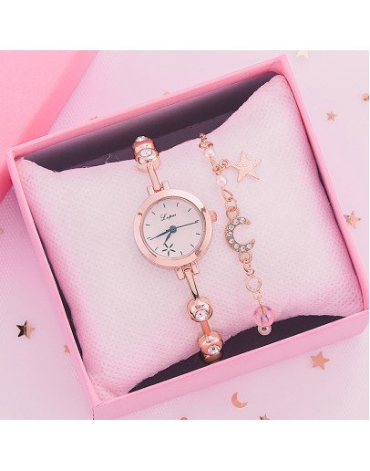 2pcs Set  Watch For Women Bracelet Dress Ladies Wrist Watch  Rose Gold Quartz Watch Set Clock zegarek damski