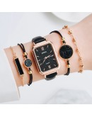 5pcs Set Watches Women  Square Green Dial Leather Ladies Bracelet Watches Set Quartz Wrist Watch Black Clock Dropshipping