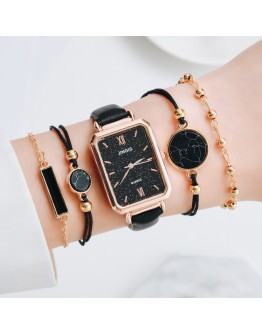 5pcs Set Watches Women  Square Green Dial Leather Ladies Bracelet Watches Set Quartz Wrist Watch Black Clock Dropshipping