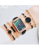 5pcs Set Watches Women  Square Green Dial Leather Ladies Bracelet Watches Set Quartz Wrist Watch Black Clock Dropshipping