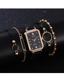 5pcs Set Watches Women  Square Green Dial Leather Ladies Bracelet Watches Set Quartz Wrist Watch Black Clock Dropshipping