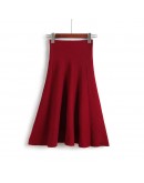  Autumn Winter Knitted Skirt Women Midi High Waist A Line Knit Skirts One-pieces Seamles Pleated Elastic Thick Faldas