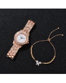  Watch Women Diamond Roman Numeral Dial Ladies Watch Rose Gold Quartz Wrist Bracelet Watch Set Female Clock Montre Femme