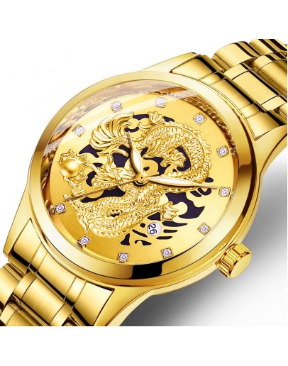 Top   Men Quartz Watch Classic Chinese Style Embossed Golden Dragon Watch Steel Band Business Men Watch Reloj Hombre