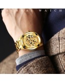 Top   Men Quartz Watch Classic Chinese Style Embossed Golden Dragon Watch Steel Band Business Men Watch Reloj Hombre