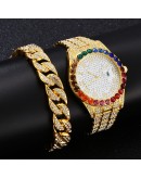  Men's Watches Bracelet Set Modern Diamond Waterproof Gold Watch Men Top  Crystal Man Watch Analog Quartz Watch Gifts