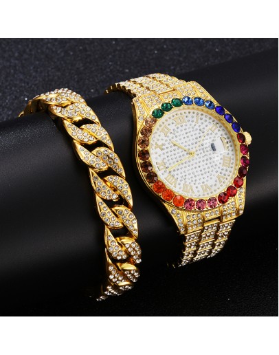  Men's Watches Bracelet Set Modern Diamond Waterproof Gold Watch Men Top  Crystal Man Watch Analog Quartz Watch Gifts