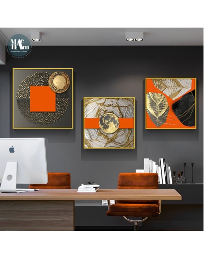 Abstract Orange Canvas Print Painting Gold foil geometric color Poster Wall Art Pictures on Canvas Living Room Office Home Decor