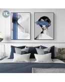 Geometric abstract building Canvas Print Painting blue figures Poster Wall Art Pictures on Canvas Living Room Office Decor