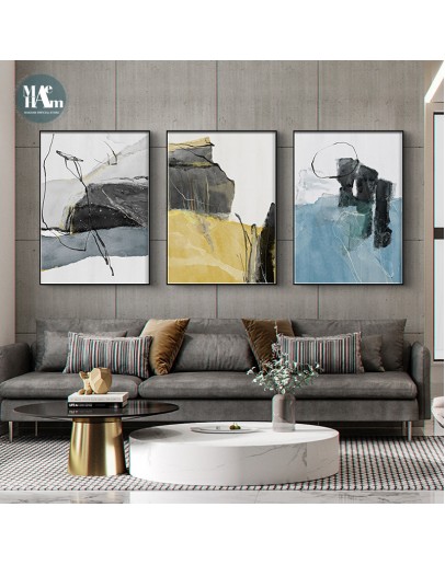 Nordic Blue color Wall Art Canvas Painting Abstract Color piece lines Art Poster Print Wall Picture for Living Room Decor