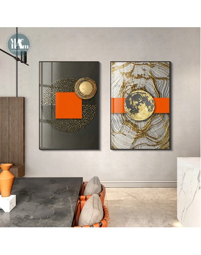 Abstract Orange Canvas Print Painting Gold foil geometric color Poster Wall Art Pictures on Canvas Living Room Office Decor