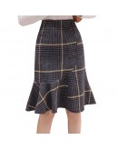  Autumn Winter Womens Vintage Plaid Skirt High Waist Woolen Skirts t Midi Mermaid Falda Office Work Mujer Hip package Saias