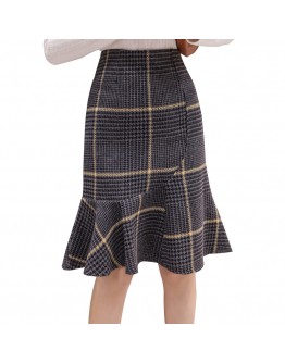  Autumn Winter Womens Vintage Plaid Skirt High Waist Woolen Skirts t Midi Mermaid Falda Office Work Mujer Hip package Saias