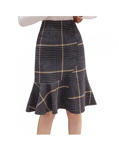  Autumn Winter Womens Vintage Plaid Skirt High Waist Woolen Skirts t Midi Mermaid Falda Office Work Mujer Hip package Saias