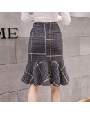  Autumn Winter Womens Vintage Plaid Skirt High Waist Woolen Skirts t Midi Mermaid Falda Office Work Mujer Hip package Saias