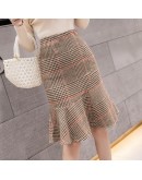  Autumn Winter Womens Vintage Plaid Skirt High Waist Woolen Skirts t Midi Mermaid Falda Office Work Mujer Hip package Saias