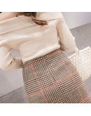  Autumn Winter Womens Vintage Plaid Skirt High Waist Woolen Skirts t Midi Mermaid Falda Office Work Mujer Hip package Saias