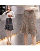  Autumn Winter Womens Vintage Plaid Skirt High Waist Woolen Skirts t Midi Mermaid Falda Office Work Mujer Hip package Saias