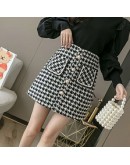 Fall Tweed Woolen Skirt Women's High Waisted Winter Thick Warm Houndstooth Skirts with Pockets Single Breasted Booty Faldas