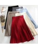   Autumn Winter Knitted Midi Pleated Skirt Women  Style khaki Blue Mid-Length High Waisted Skirts Female