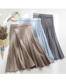   Autumn Winter Knitted Midi Pleated Skirt Women  Style khaki Blue Mid-Length High Waisted Skirts Female