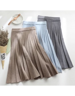   Autumn Winter Knitted Midi Pleated Skirt Women  Style khaki Blue Mid-Length High Waisted Skirts Female