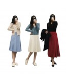   Autumn Winter Knitted Midi Pleated Skirt Women  Style khaki Blue Mid-Length High Waisted Skirts Female