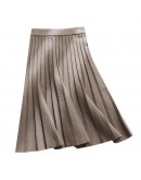   Autumn Winter Knitted Midi Pleated Skirt Women  Style khaki Blue Mid-Length High Waisted Skirts Female