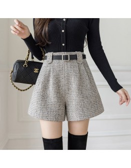 Autumn Winter Women Clothes  Woolen Shorts Feminino Loose A Line Wide Leg High Waist Belted Booty Shorts Plus Size