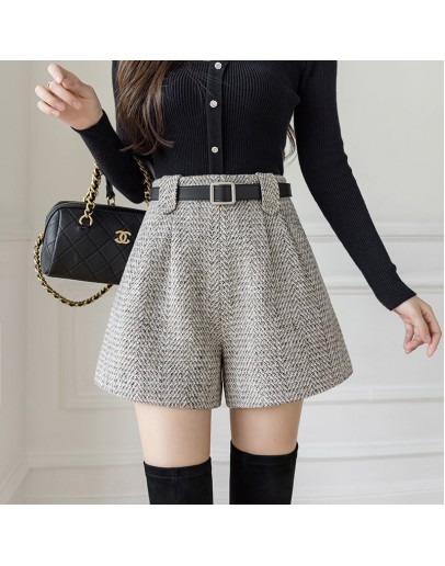 Autumn Winter Women Clothes  Woolen Shorts Feminino Loose A Line Wide Leg High Waist Belted Booty Shorts Plus Size