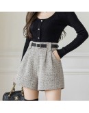 Autumn Winter Women Clothes  Woolen Shorts Feminino Loose A Line Wide Leg High Waist Belted Booty Shorts Plus Size