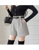 Autumn Winter Women Clothes  Woolen Shorts Feminino Loose A Line Wide Leg High Waist Belted Booty Shorts Plus Size