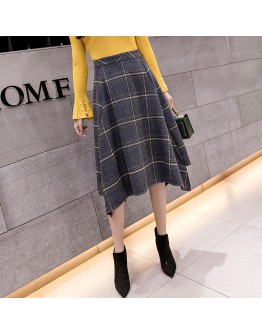  Winter Women Woolen Skirts Autumn Thicken Wool Plaid Elegant Irregular Midi Skirt High Waist Female Skirts Faldas saia