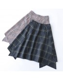  Winter Women Woolen Skirts Autumn Thicken Wool Plaid Elegant Irregular Midi Skirt High Waist Female Skirts Faldas saia