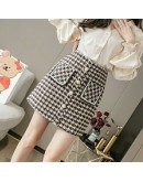 Fall Tweed Woolen Skirt Women's High Waisted Winter Thick Warm Houndstooth Skirts with Pockets Single Breasted Booty Faldas