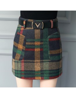  Autumn Winter Plaid Wool Skirt Women Short Skirt Pockets Mini Woolen Checked Skirts Vintage Office Ladies Plus Size