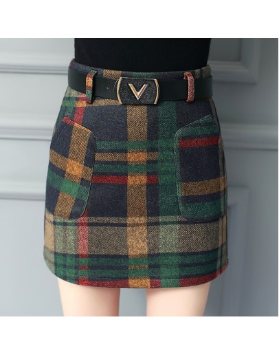  Autumn Winter Plaid Wool Skirt Women Short Skirt Pockets Mini Woolen Checked Skirts Vintage Office Ladies Plus Size