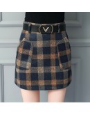  Autumn Winter Plaid Wool Skirt Women Short Skirt Pockets Mini Woolen Checked Skirts Vintage Office Ladies Plus Size