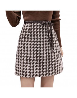 Autumn Winter Plaid Skirt Women  Elegant Bow Tie Mini Woolen Skirts Female Short Faldas Saia Jupe Femme Hip Package