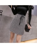 Autumn Winter Plaid Skirt Women  Elegant Bow Tie Mini Woolen Skirts Female Short Faldas Saia Jupe Femme Hip Package