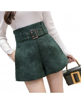 Autumn High Waist Shorts Women Spring  Elegant A Line Wide Leg Short Pants Ladies Office Work Belted Shorts F178