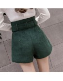 Autumn High Waist Shorts Women Spring  Elegant A Line Wide Leg Short Pants Ladies Office Work Belted Shorts F178