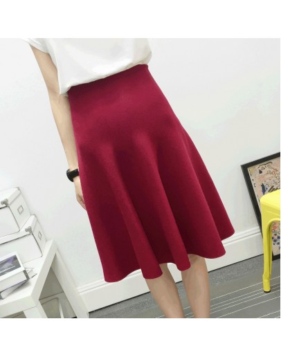 Autumn Winter Knitted Skirt Women Midi High Waist A Line Knit Skirts One-pieces Seamles Pleated Jupe Saia High 