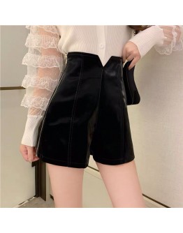   Bright Faux Leather Shorts Women High Waist Side Zipper Slim A-Line Biker Shorts Black calsones de mujer